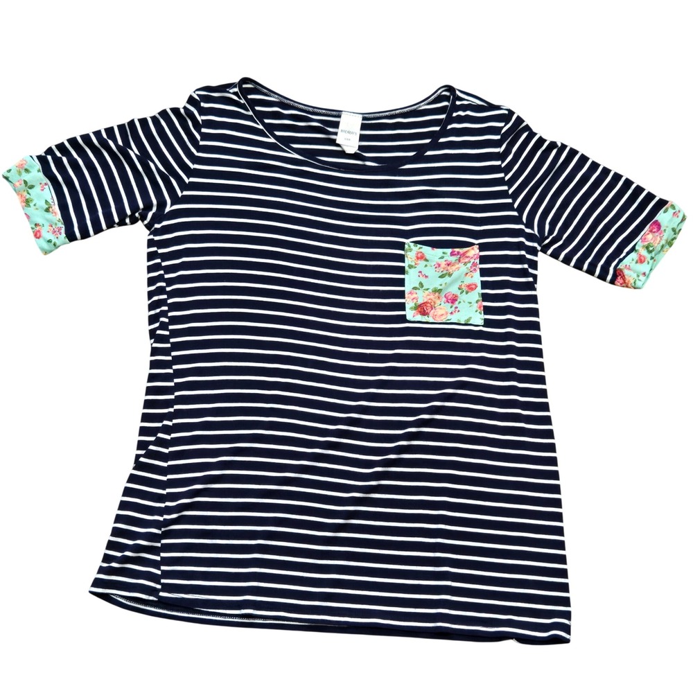 Brendas USA Navy White Striped Floral Pocket Short Sleeve Top Size Medium